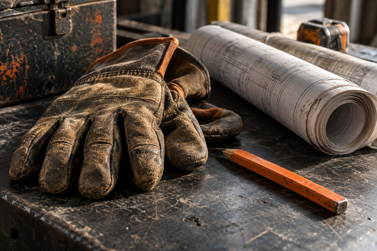 Worn work gloves, construction plans, and an orange pencil on a steel workbench