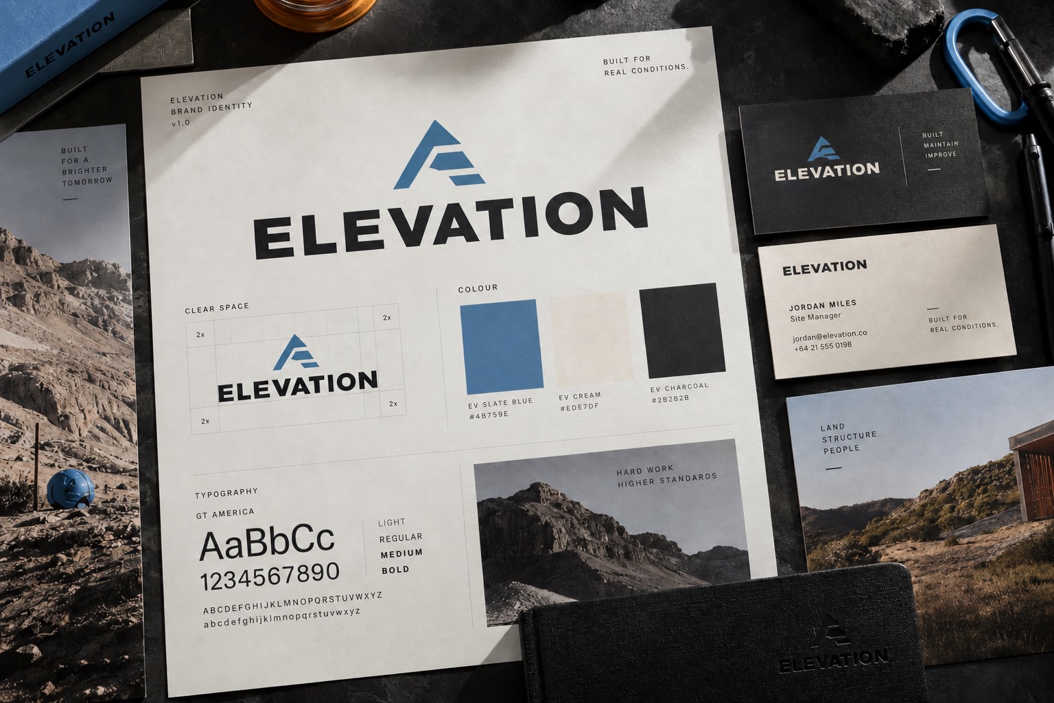 Logo specification board with color swatches, clear-space diagrams, and stationery