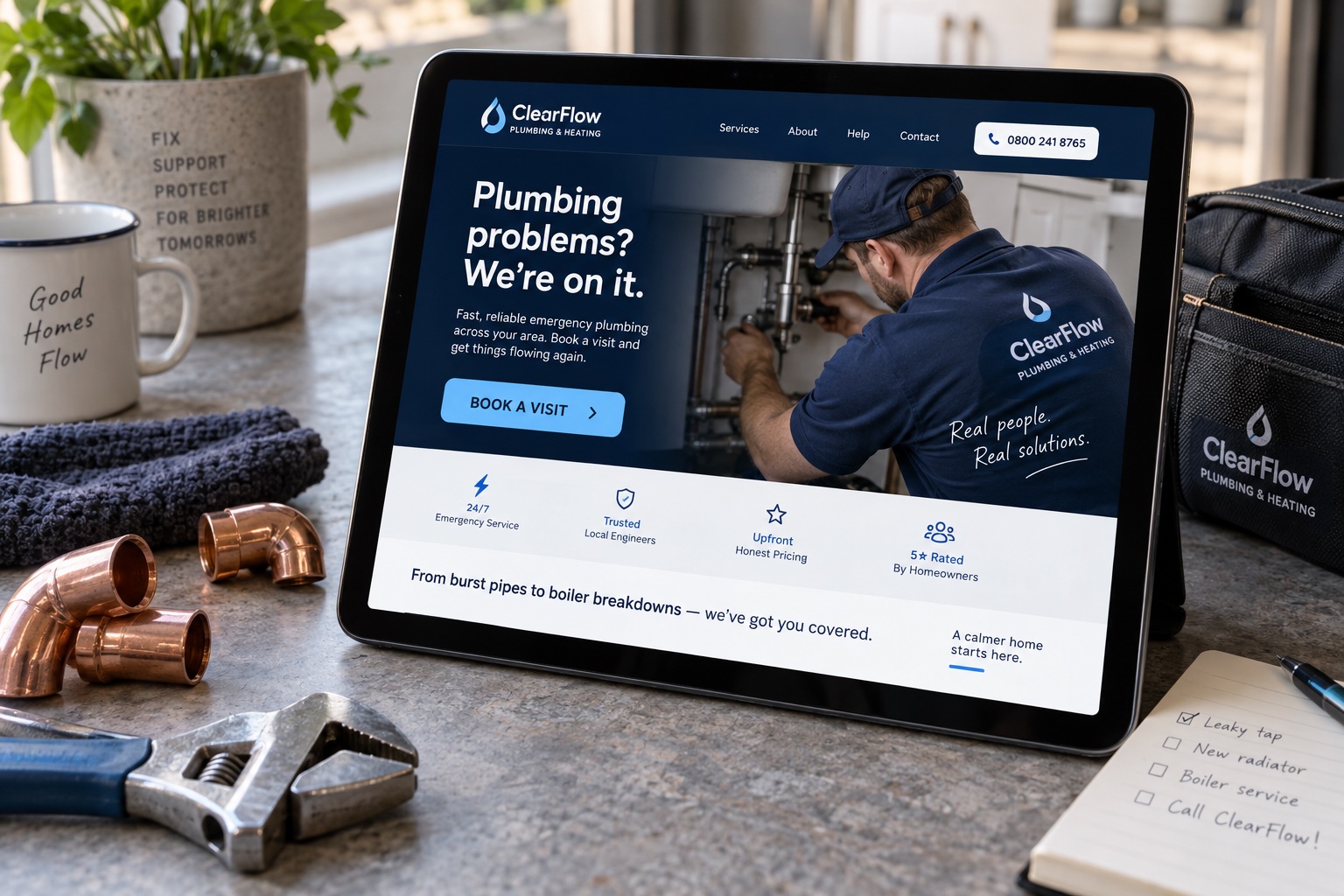 Plumbing campaign landing page on a tablet