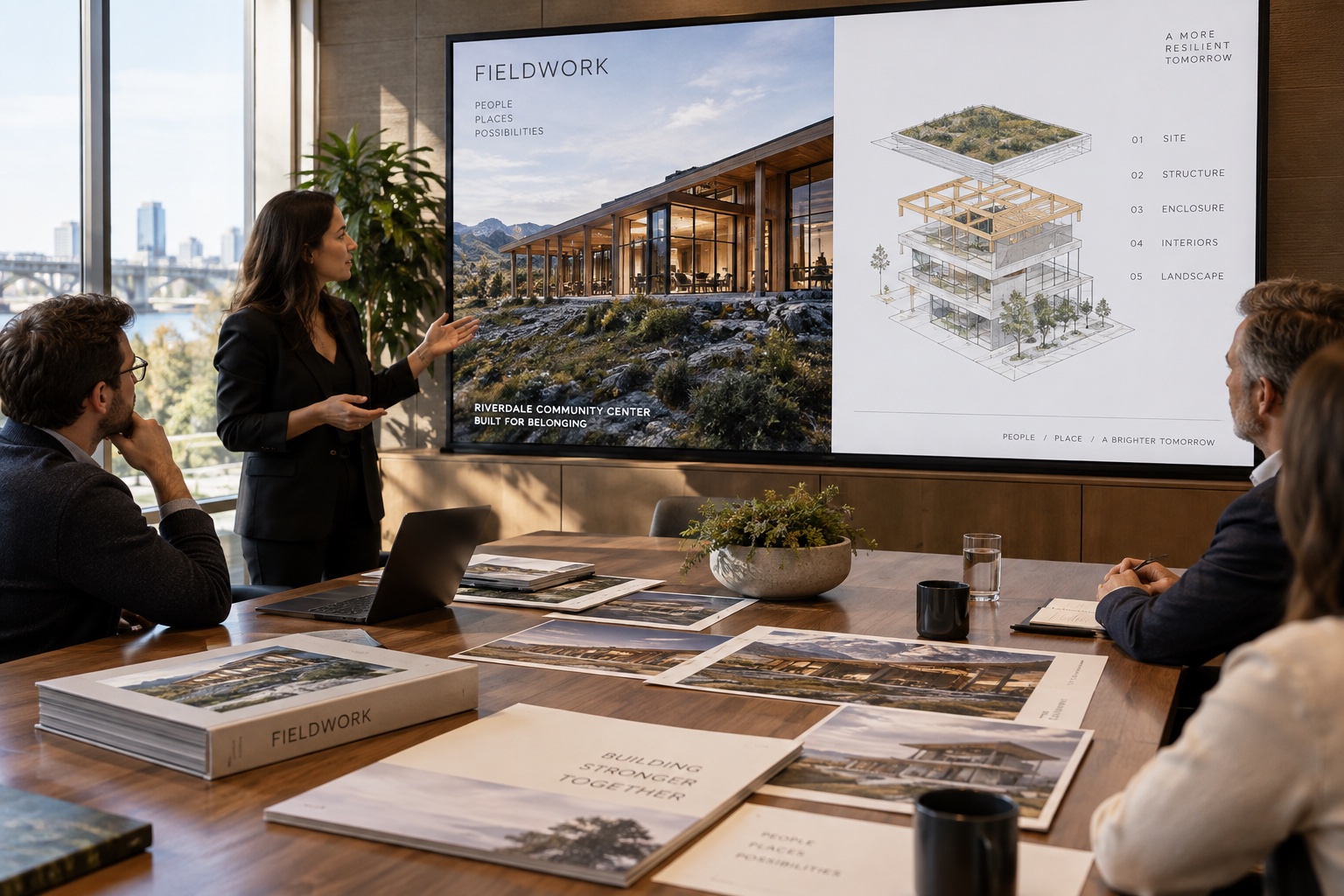 Presentation deck on a meeting-room screen with printed slides