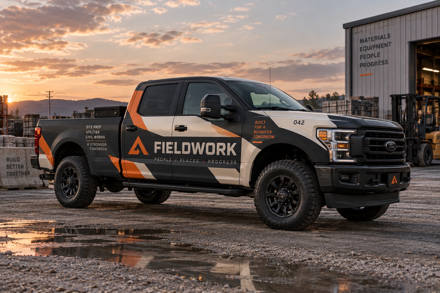 Branded work truck with a full vehicle wrap in an industrial yard